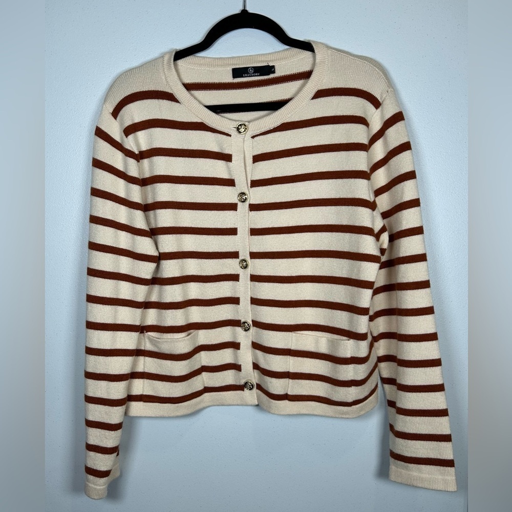 Lillusory Cream and Brown Striped Cardigan Sweater. Size Large.